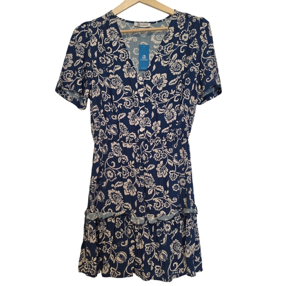 Cupshe Floral Print VNeck Button Down Tiered Ruffle Mini Dress Blue White Medium